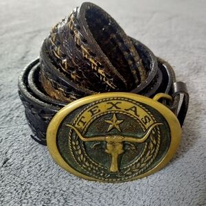 Vintage Texas Longhorn Belt Buckle Belt Russell Waterhouse 1977 Sz 42